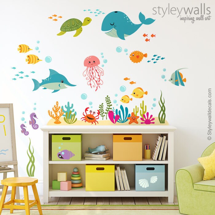 Under the Sea Wall Decal, Fishes Wall Decal, Ocean Wall Sticker, Underwater Sea Life Creatures Wall Decal, Aquarium Nursery Wall Decal