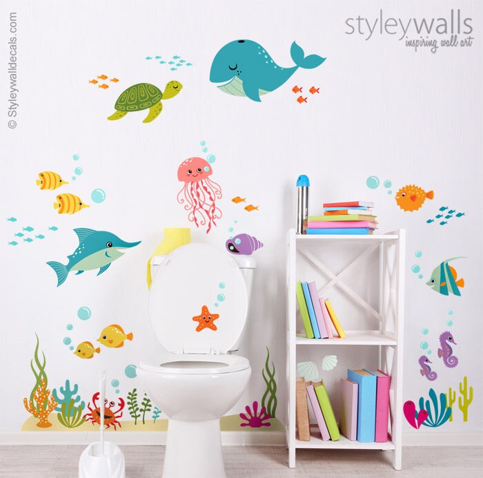 Underwater Wall Decal, Fishes Wall Decal Sticker, Ocean Wall Sticker, Sea Life Creatures Wall Decal, Aquarium Wall Decal for Nursery Decor
