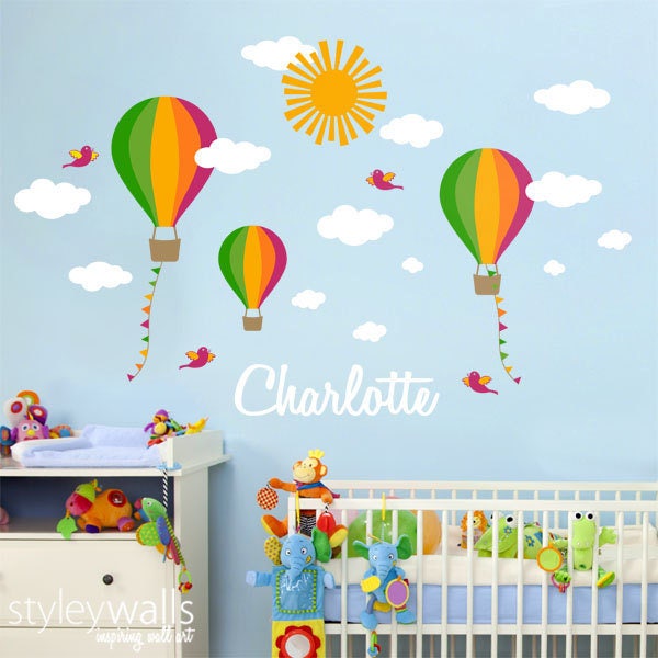 Nursery Wall Decal Hot Air Balloons Wall Decal Custom Name Decal Kids Balloon Wall Decor Balloons Clouds Wall Decal Personalized