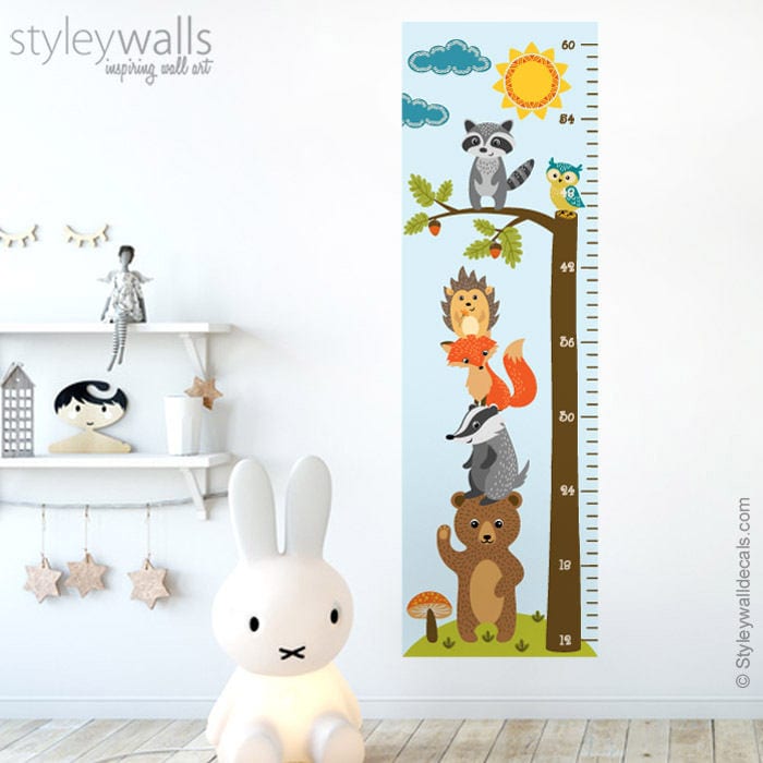 Forest Animals Growth Chart Wall Decal, Kids Room Growth Chart Wall Sticker, Height Chart Wall Decal, Bear Fox Owl Nursery Kids Wall Decor