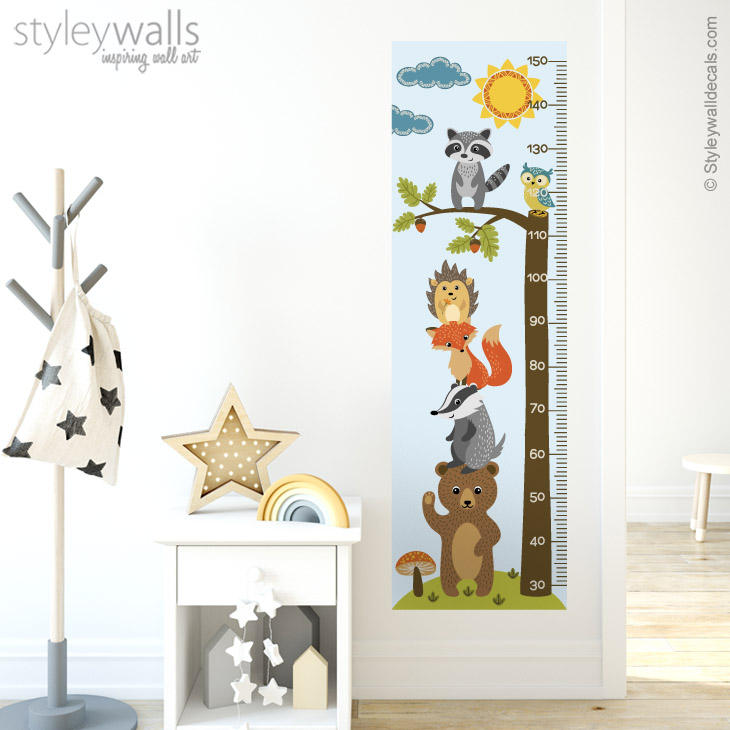 Forest Animals Growth Chart Wall Decal, Kids Room Growth Chart Wall Sticker, Height Chart Wall Decal, Bear Fox Owl Nursery Kids Wall Decor