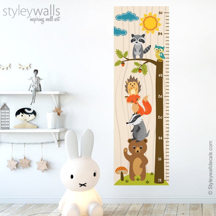 Woodland Animals Growth Chart Wall Decal, Kids Room Growth Chart Wall Sticker, Height Chart Wall Decal, Bear Fox Owl Nursery Kids Wall Decor