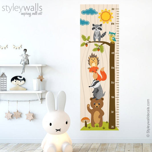 Woodland Animals Growth Chart Wall Decal, Kids Room Growth Chart Wall Sticker, Height Chart Wall Decal, Bear Fox Owl Nursery Kids Wall Decor