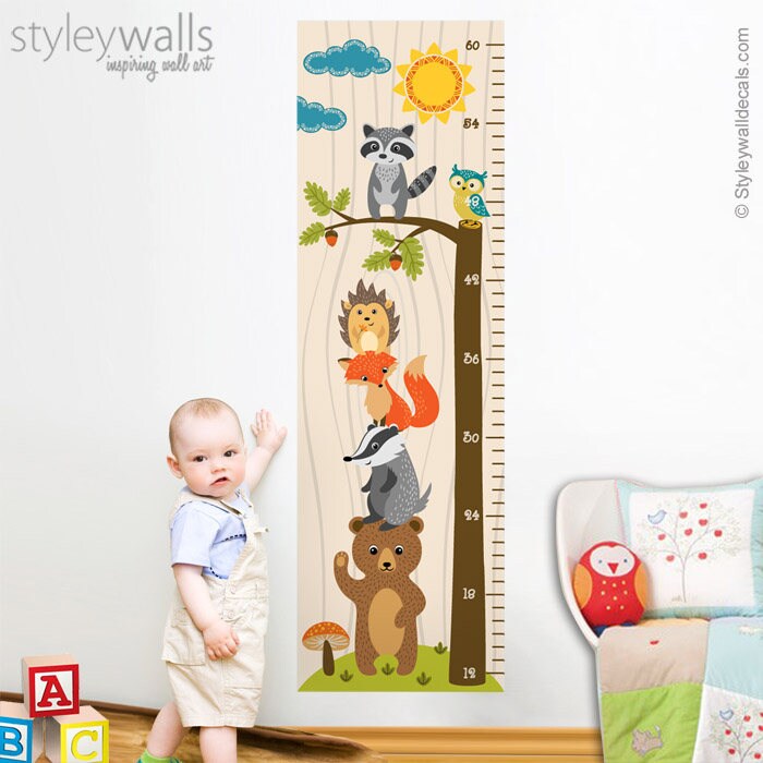 Woodland Animals Growth Chart Wall Decal, Kids Room Growth Chart Wall Sticker, Height Chart Wall Decal, Bear Fox Owl Nursery Kids Wall Decor