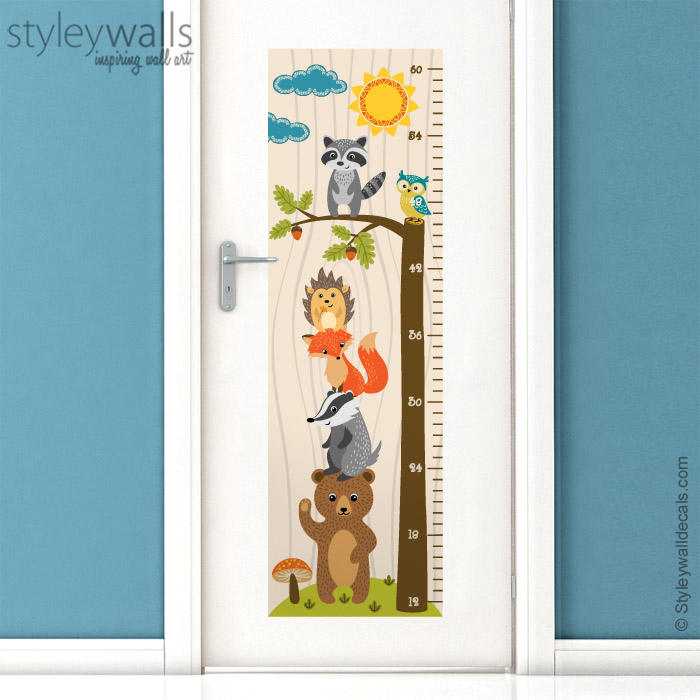 Woodland Animals Growth Chart Wall Decal, Kids Room Growth Chart Wall Sticker, Height Chart Wall Decal, Bear Fox Owl Nursery Kids Wall Decor