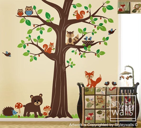 Woodland Animals Wall decal, Woodland Wall Decal,Forest Animals Huge Tree Wall Decal, Nursery Children Baby Room Wall Decal Sticker