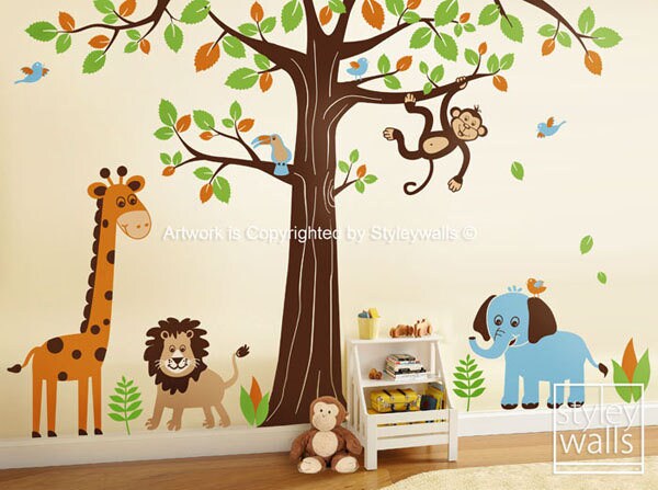 Autocollant mural Jungle Autocollant mural Animaux Safari ÉNORME Ensemble Autocollant mural Arbre - Lion Éléphant Singe Girafe Autocollant pour chambre d'enfant Art pour chambre de bébé