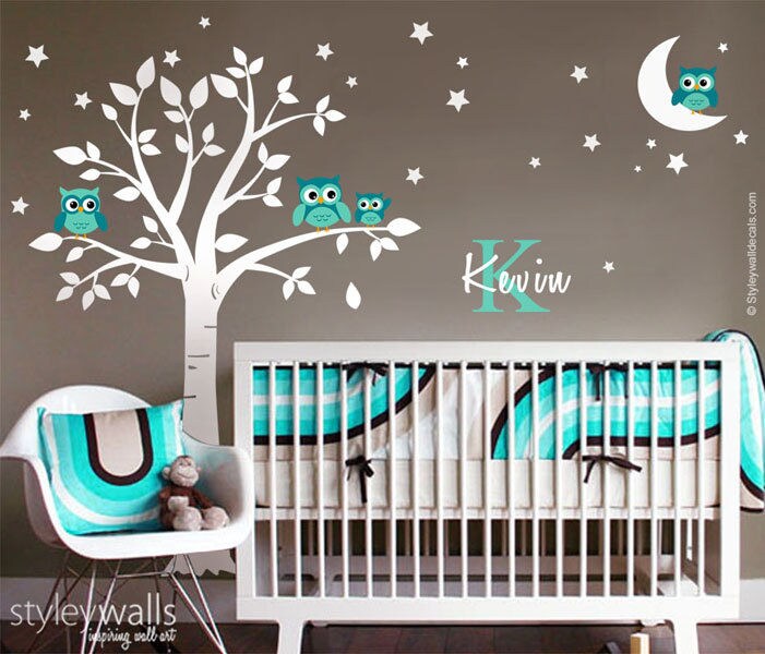 Owls Tree Wall Decal, Owls Wall Decal Moon and Stars, Owls Personalized Initial Name Wall Decal, Tree Decal, Moon Stars Owls Wall Sticker