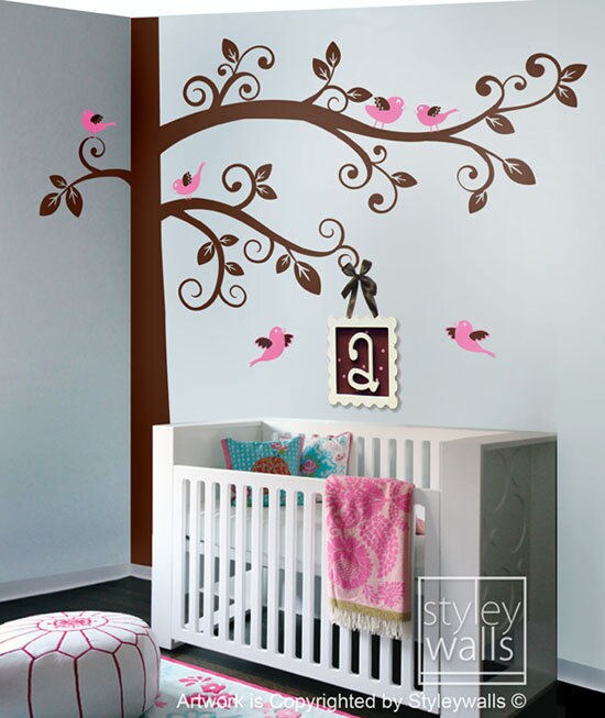 Corner Tree Wall Decal, Swirly Tree with Birds Wall Decal, Corner Tree Kids Wall Decal, Tree and Birds Wall Sticker, Nursery Tree Decal