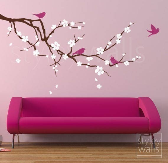 Cherry Blossom Branch Wall Decal, Branch and Flowers Wall Decal, Cherry Branch Wall Decal, Cherry Tree Wall Decal Sticker for Baby Nursery