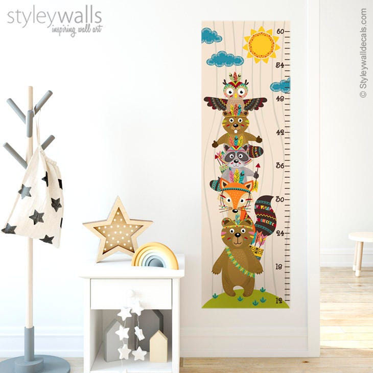 Kids Growth Chart Wall Decal, Animals Height Chart Wall Decal, Forest Animals Growth Chart Wall Sticker, Bear Fox Owl Nursery Wall Decor