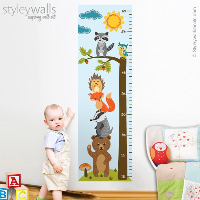 Forest Animals Growth Chart Wall Decal, Kids Room Growth Chart Wall Sticker, Height Chart Wall Decal, Bear Fox Owl Nursery Kids Wall Decor