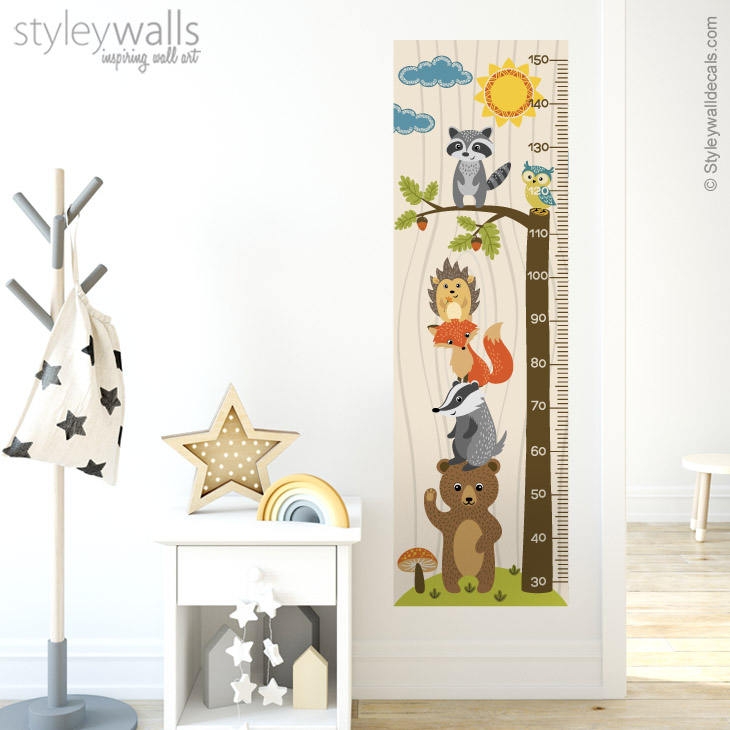 Woodland Animals Growth Chart Wall Decal, Kids Room Growth Chart Wall Sticker, Height Chart Wall Decal, Bear Fox Owl Nursery Kids Wall Decor