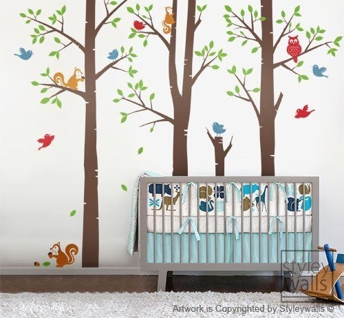 Wandtattoo Waldfreunde Baum, Waldtiere Baum mit Vögeln Eichhörnchen Eule Wandtattoo, Kinderzimmer Baby Kinder Vinyl Wandtattoo Kinderaufkleber