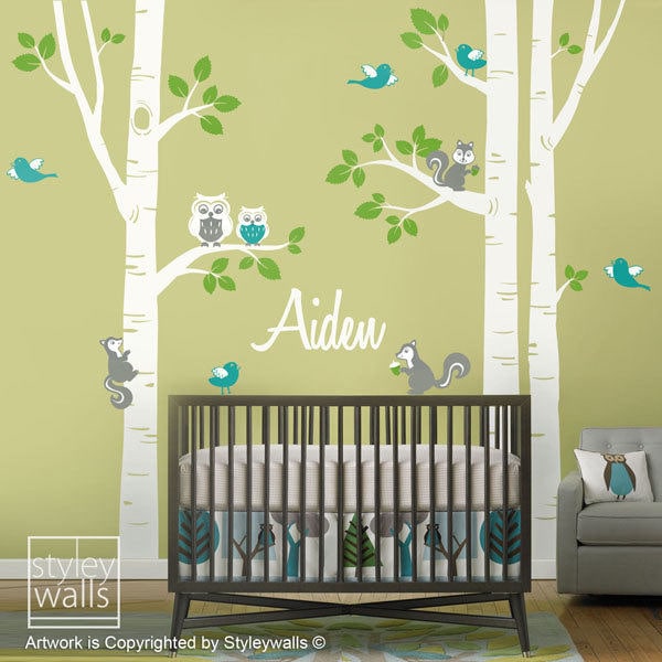 Birch Trees Wall Decal, Kids Personalized Birch Trees Nursery Wall Decal, Forest Animals Owsl Squirrels Birds Baby Room Art Decor