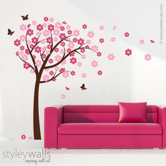 Cherry Blossom Wall decal, Blooming Cherry Tree Wall Sticker, Butterflies Flower Tree Vinyl Wall Decal Kids Nursery, Cherry Tree Sticker