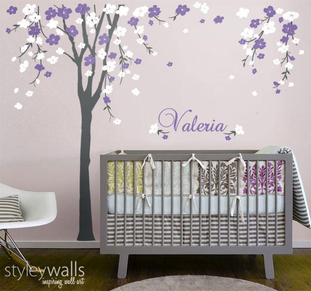 Cherry Blossom Tree Wall Decal, Cherry Tree Nursery Wall Decal, Cherry Blossom Tree for Baby Room Decor, Flower Tree Personalized Name Decal