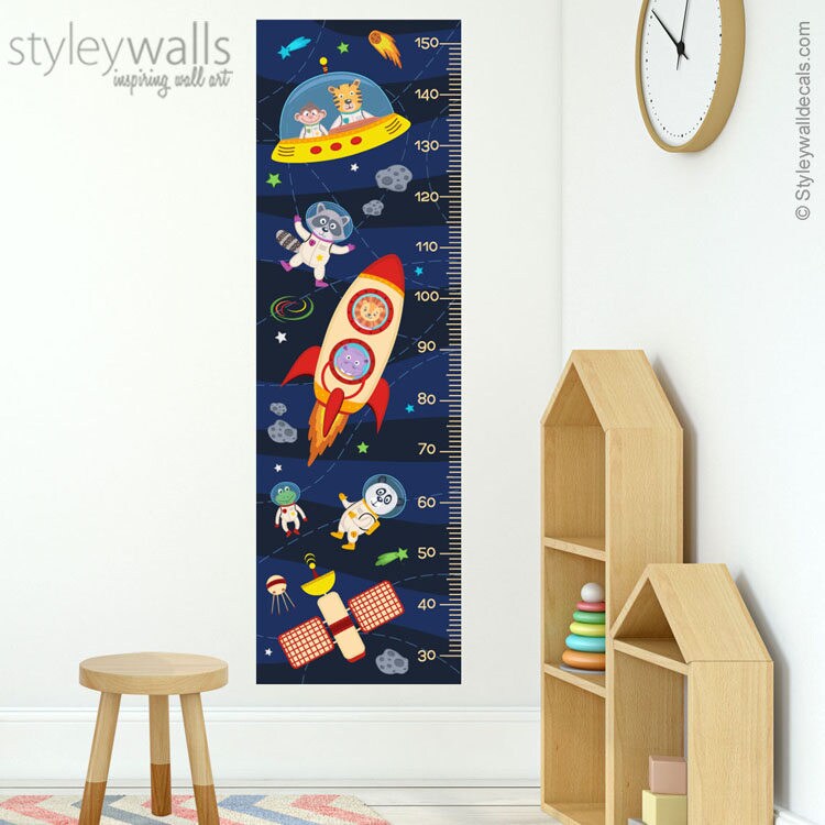 Kids Growth Chart Wall Decal, Space Height Chart Wall Decal, Astronaut Animals Growth Chart Wall Sticker, Rocket Spaceship Stars Wall Decor