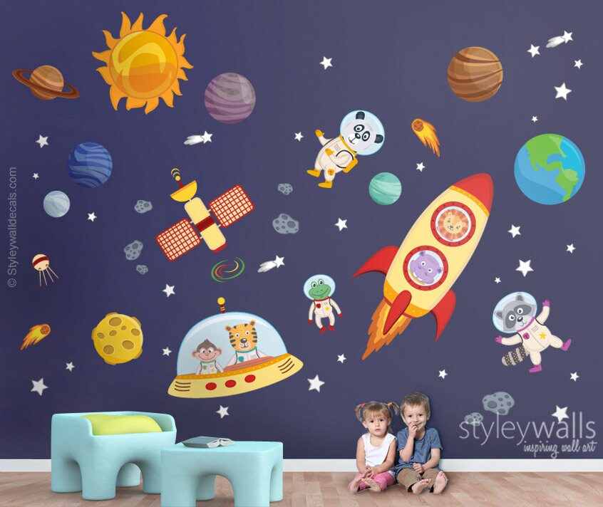 Space Wall Decal, Planets Wall Decal Sticker, Spaceship Wall Decal, Rocket Wall Decal, Animal Astronauts Wall Decal, Outer Space Wall Decor
