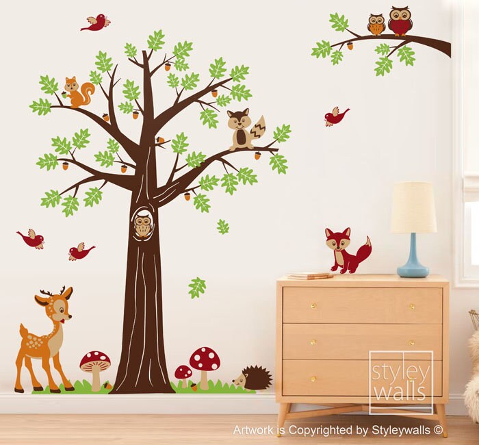 Woodland Tree Animals Wall Decal Forest Animals Nursery Wall Decal Bambi Deer Owls Squirrels Raccoon Wall Decal Baby Kids Room Art Decor