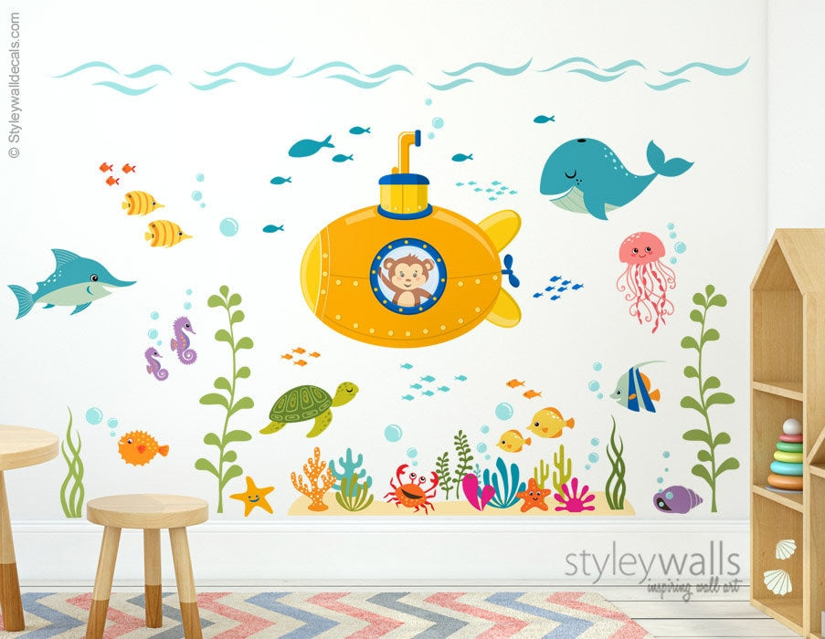 Submarine Wall Decal, Under the Sea Wall Decal, Monkey and Fishes Wall Decal, Ocean Wall Sticker, Sea Life Wall Decal, Aquarium Wall Decal