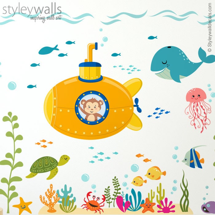 Submarine Wall Decal, Under the Sea Wall Decal, Monkey and Fishes Wall Decal, Ocean Wall Sticker, Sea Life Wall Decal, Aquarium Wall Decal