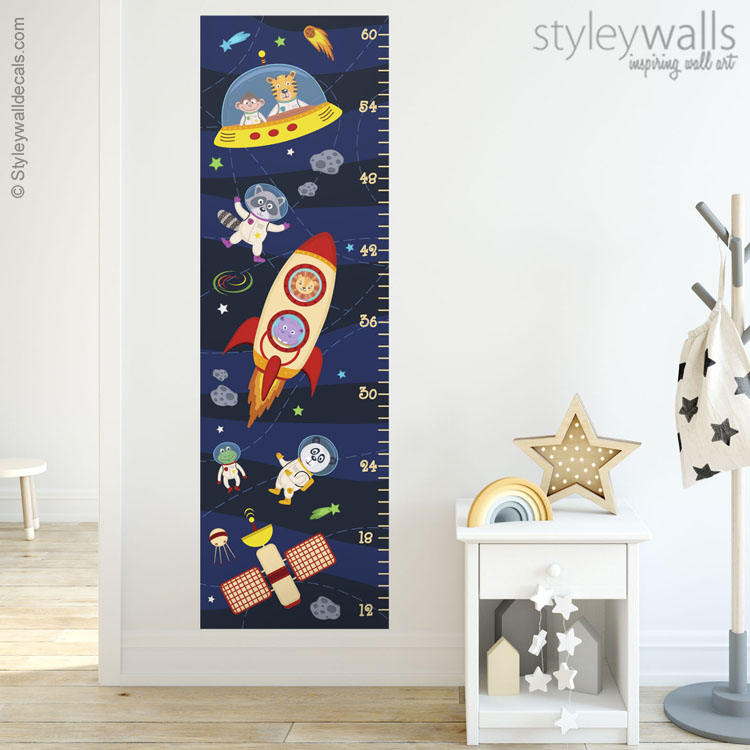Kids Growth Chart Wall Decal, Space Height Chart Wall Decal, Astronaut Animals Growth Chart Wall Sticker, Rocket Spaceship Stars Wall Decor