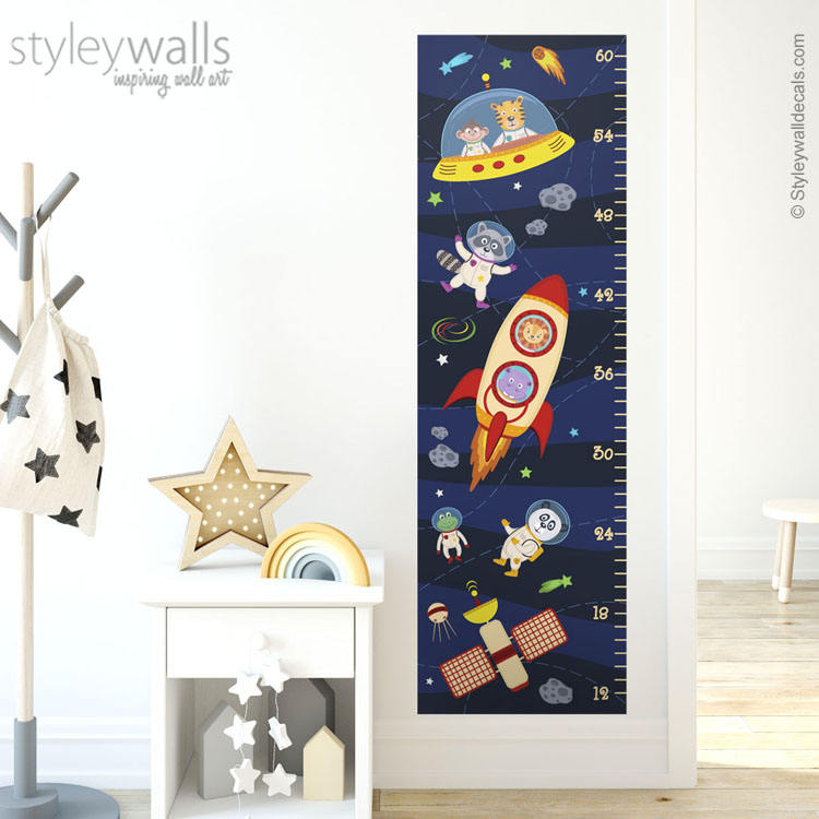 Kids Growth Chart Wall Decal, Space Height Chart Wall Decal, Astronaut Animals Growth Chart Wall Sticker, Rocket Spaceship Stars Wall Decor
