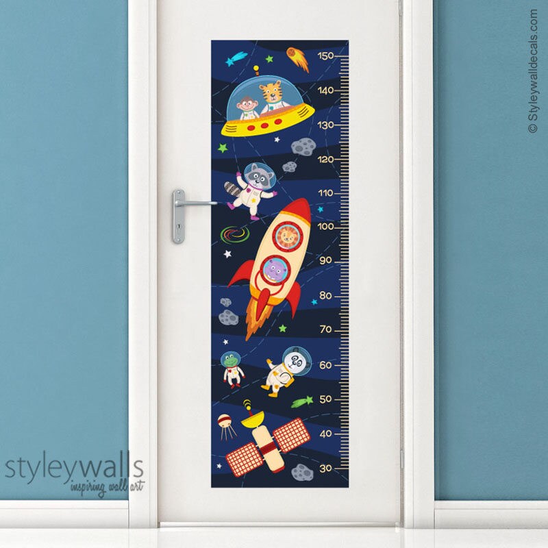 Kids Growth Chart Wall Decal, Space Height Chart Wall Decal, Astronaut Animals Growth Chart Wall Sticker, Rocket Spaceship Stars Wall Decor