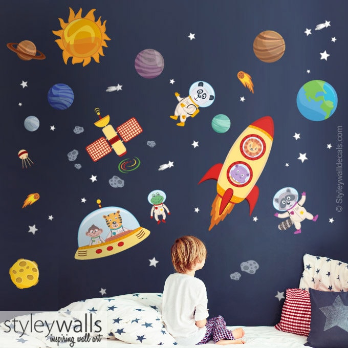 Space Wall Decal, Planets Wall Decal Sticker, Spaceship Wall Decal, Rocket Wall Decal, Animal Astronauts Wall Decal, Outer Space Wall Decor