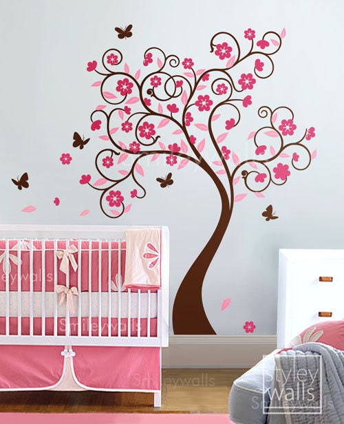 Cherry Blossom Tree Wall Decal, Flower Tree Wall Decal, Curly Flower Tree Butterflies for Kids Children Room and Nursery Wall Decal Sticker