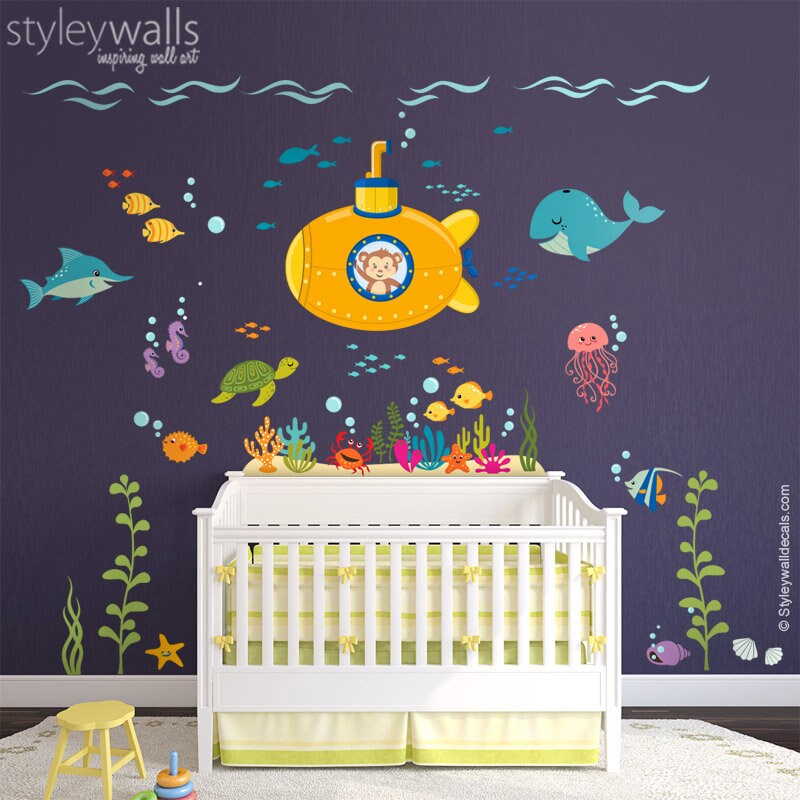 Submarine Wall Decal, Under the Sea Wall Decal, Monkey and Fishes Wall Decal, Ocean Wall Sticker, Sea Life Wall Decal, Aquarium Wall Decal