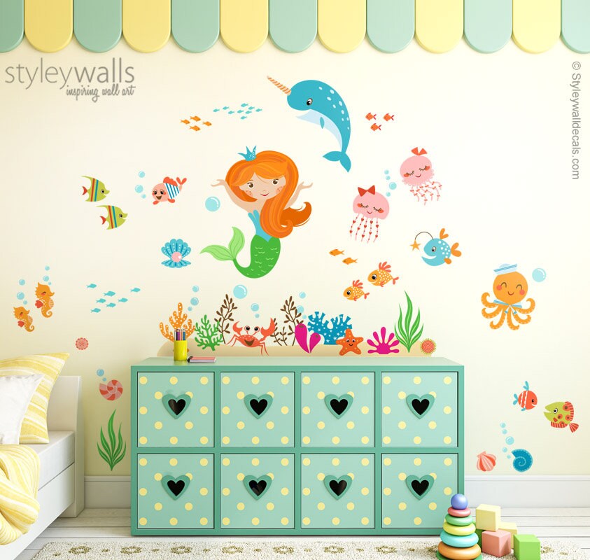 Mermaid Wall Decal, Under the Sea Wall Decal, Mermaid and Fishes Wall Decal, Ocean Wall Sticker, Sea Life Wall Decal, Girls Room Wall Decal
