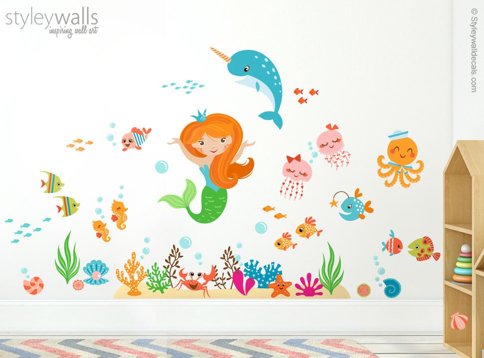 Mermaid Wall Decal, Under the Sea Wall Decal, Mermaid and Fishes Wall Decal, Ocean Wall Sticker, Sea Life Wall Decal, Girls Room Wall Decal