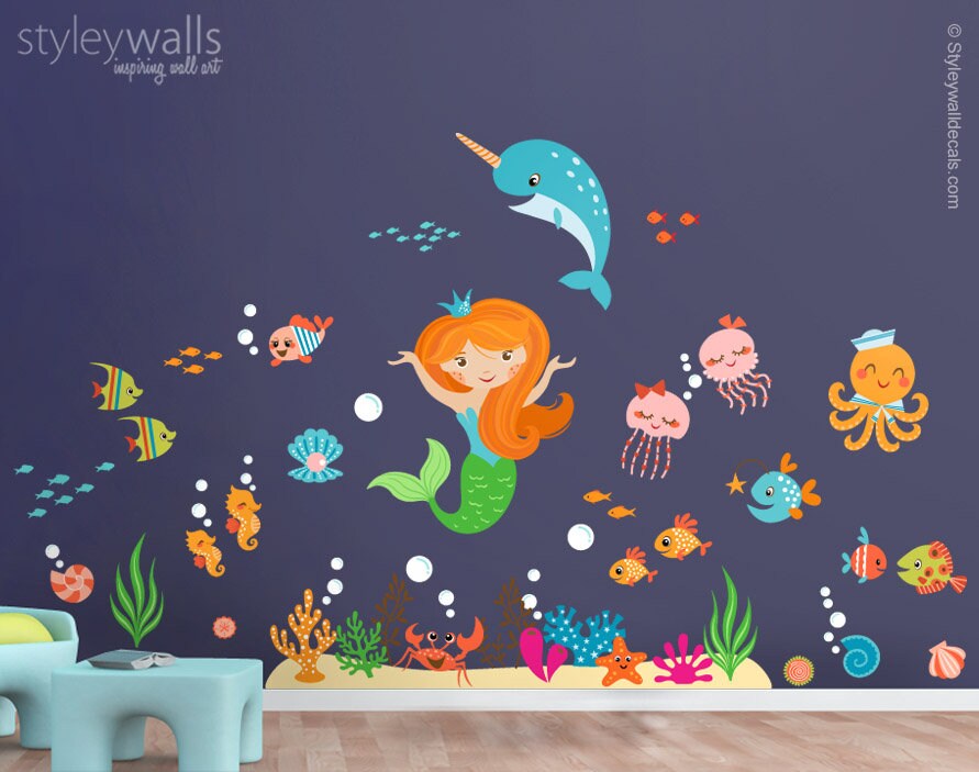 Mermaid Wall Decal, Under the Sea Wall Decal, Mermaid and Fishes Wall Decal, Ocean Wall Sticker, Sea Life Wall Decal, Girls Room Wall Decal