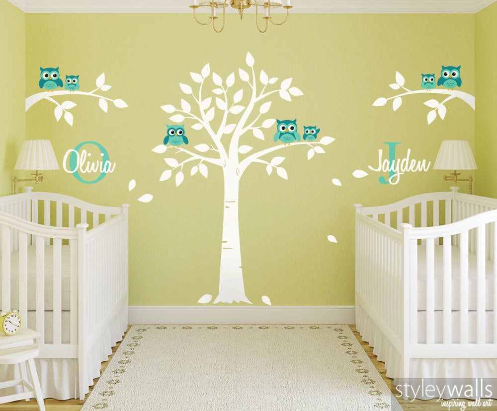 Owls Wall Decal, Owls and Tree Wall Decal for Twins Nursery, Tree with Owls Wall Sticker, Personalized Custom Name and Initial Wall Decal