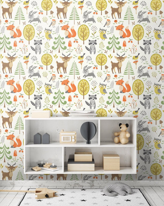 Woodland Animals Wallpaper, Forest Animals Repositionable Removable Fabric Wallpaper, Kids Room Decor, Peel and Stick, Self Adhesive