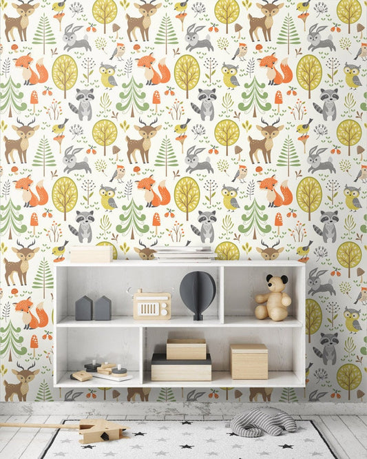 Woodland Animals Wallpaper, Forest Animals Repositionable Removable Fabric Wallpaper, Kids Room Decor, Peel and Stick, Self Adhesive
