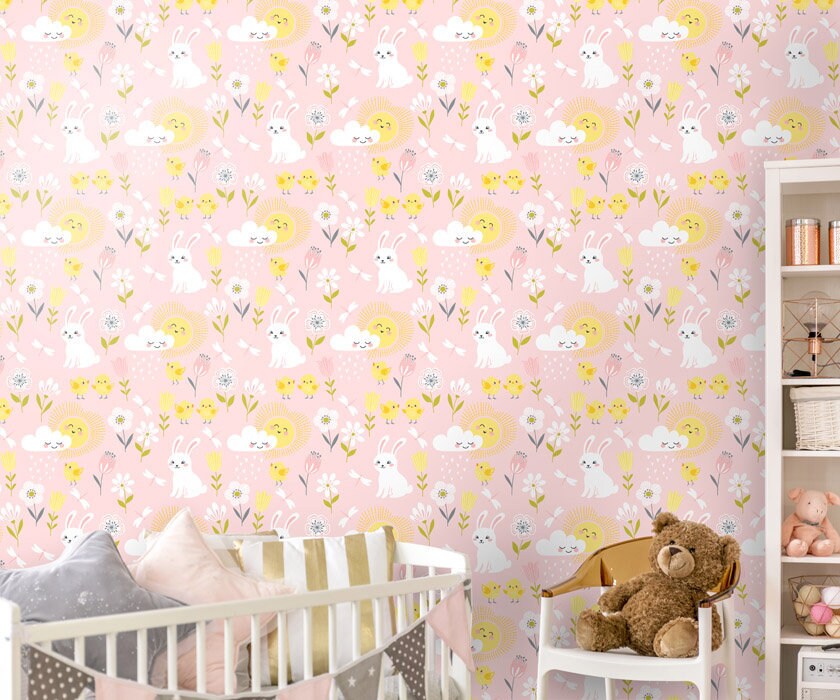 Bunny Wallpaper, Girls Room Wallpaper, Nursery Decor, Repositionable Removable Fabric Wallpaper, Peel and Stick, Self Adhesive Wallpaper