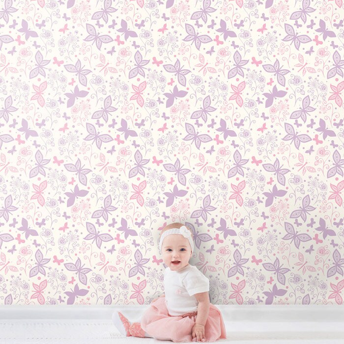 Butterflies Wallpaper, Pink Purple Butterflies Nursery Wall Decor, Repositionable Removable Fabric Wallpaper, Peel and Stick, Self Adhesive