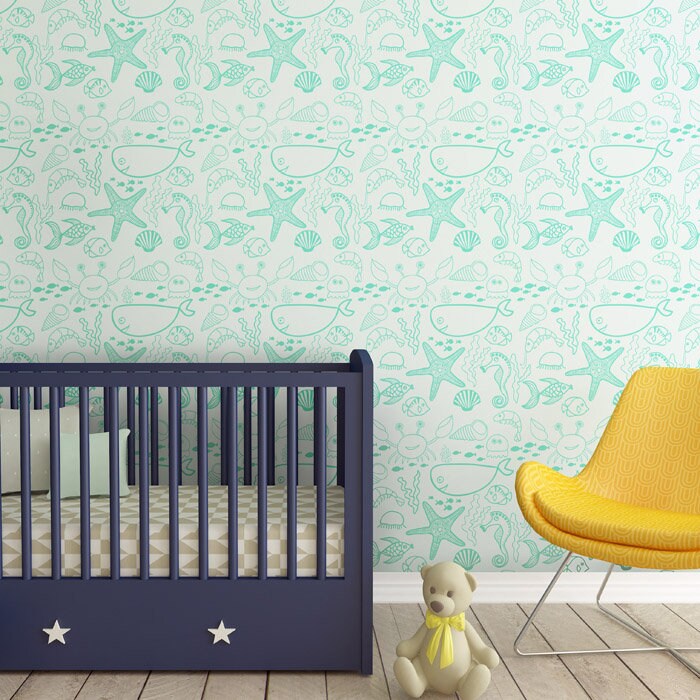 Marine Underwater Wallpaper, Under the Sea Wallpaper, Sea Animals Repositionable Removable Fabric Wallpaper, Nursery Decor, Peel and Stick