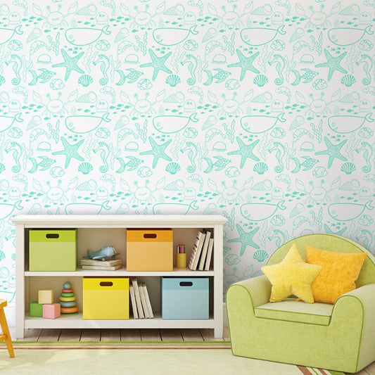 Marine Underwater Wallpaper, Under the Sea Wallpaper, Sea Animals Repositionable Removable Fabric Wallpaper, Nursery Decor, Peel and Stick