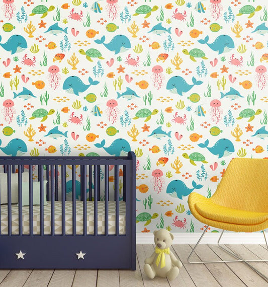Underwater Wallpaper, Under the Sea Wallpaper, Sea Animals Repositionable Removable Fabric Peel and Stick Wallpaper, Nursery Decor