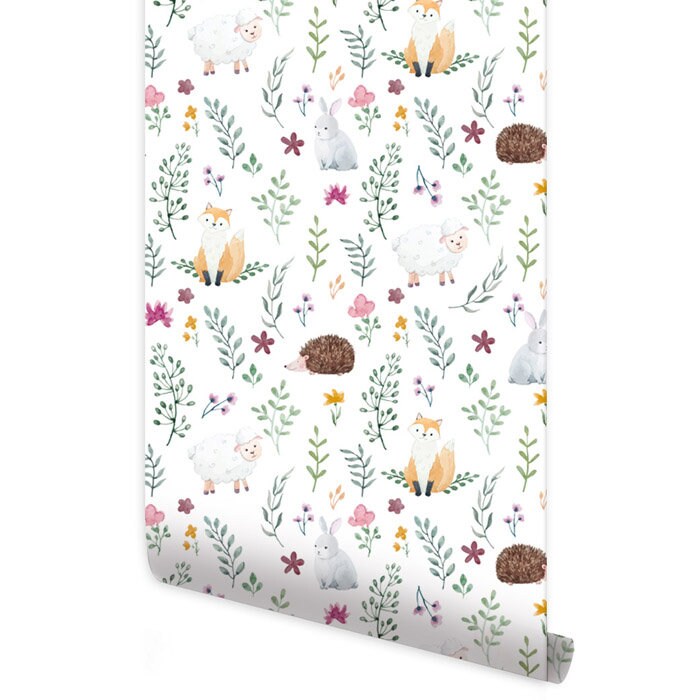 Forest Animals Wallpaper, Woodland Animals Repositionable Removable Fabric Wallpaper, Nursery Kids Room Decor, Peel and Stick, Self Adhesive