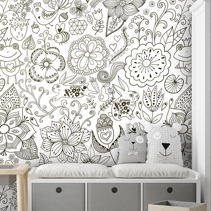 Floral Wallpaper, Garden Flowers Bugs Frog Wallpaper, Repositionable Removable Fabric, Kids Room Decor, Peel and Stick, Self Adhesive