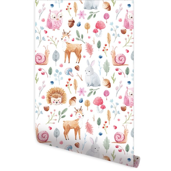 Papier peint animaux de la forêt, papier peint animaux des bois, décoration de chambre d'enfant, papier peint en tissu amovible repositionnable, peler et coller