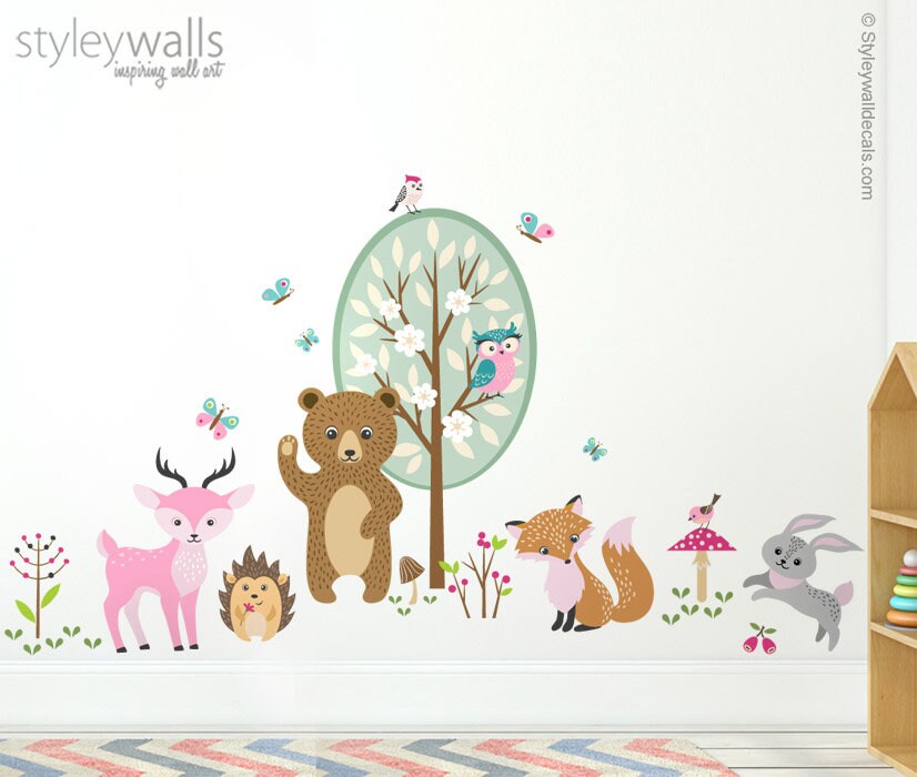 Wandtattoo Waldtiere, Waldtiere Aufkleber, Waldtiere Mädchenzimmer Dekor, Waldkinderzimmer Wal Dekor, Bär Reh Hase Fuchs
