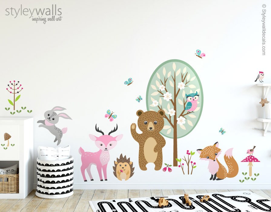 Wandtattoo Waldtiere, Waldtiere Aufkleber, Waldtiere Mädchenzimmer Dekor, Waldkinderzimmer Wal Dekor, Bär Reh Hase Fuchs