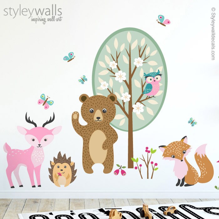 Wandtattoo Waldtiere, Waldtiere Aufkleber, Waldtiere Mädchenzimmer Dekor, Waldkinderzimmer Wal Dekor, Bär Reh Hase Fuchs