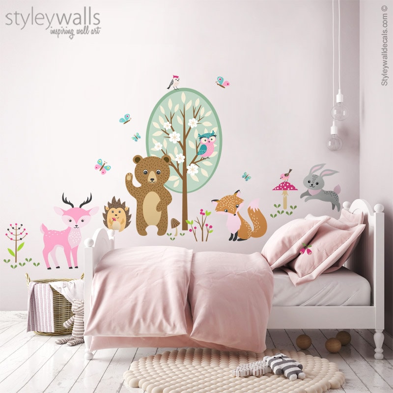Wandtattoo Waldtiere, Waldtiere Aufkleber, Waldtiere Mädchenzimmer Dekor, Waldkinderzimmer Wal Dekor, Bär Reh Hase Fuchs